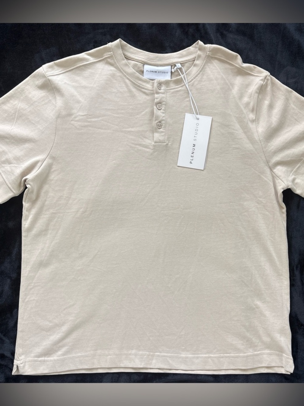 Plenum Studio Mens Large Neutral Beige Henley Denny Tee NWT Luxury Essential